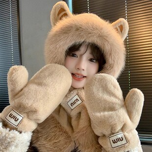 Plush hat women's winter 2024 new scarf all-in-one warm and thickened velvet gloves three-piece set cycling artifact