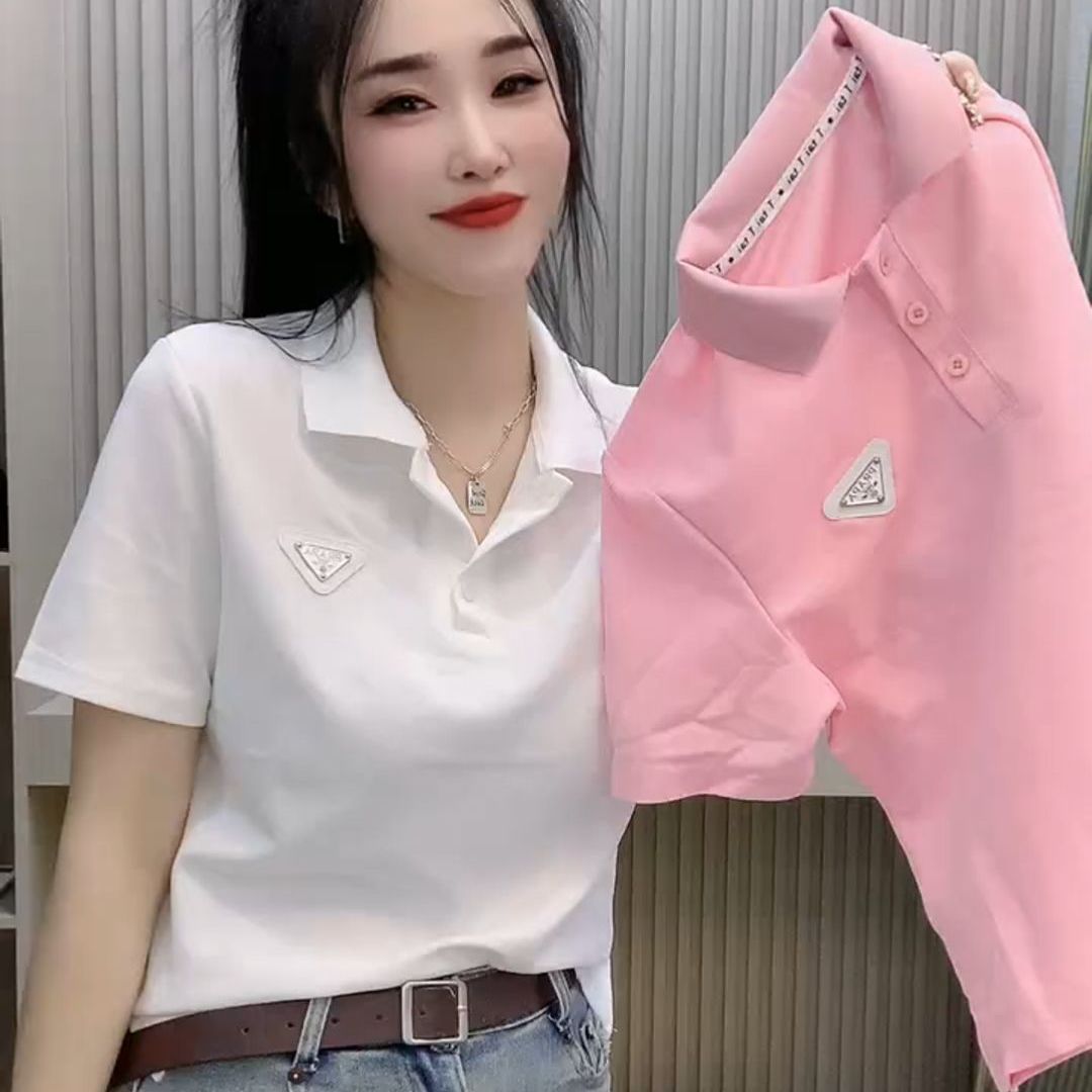 Plus Size Summer New Triangle Logo Short-Sleeve T-Shirt for Women, Slim Fit, Stylish Versatile Polo Collar Top Trendy