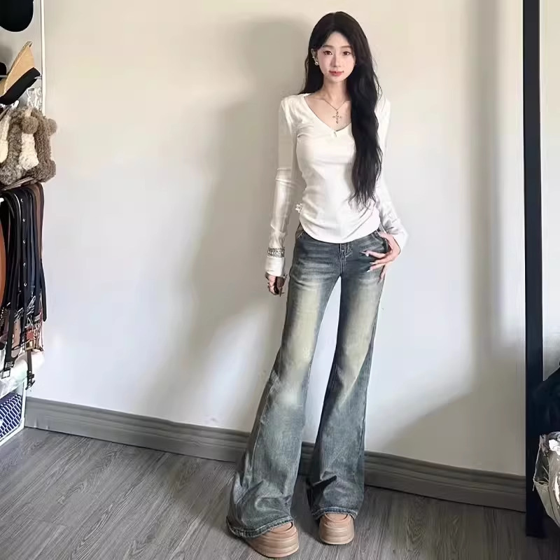 灰色修身长袖t恤女2025新款V领上衣秋冬内搭打底衫早秋天韩系穿搭|undefined