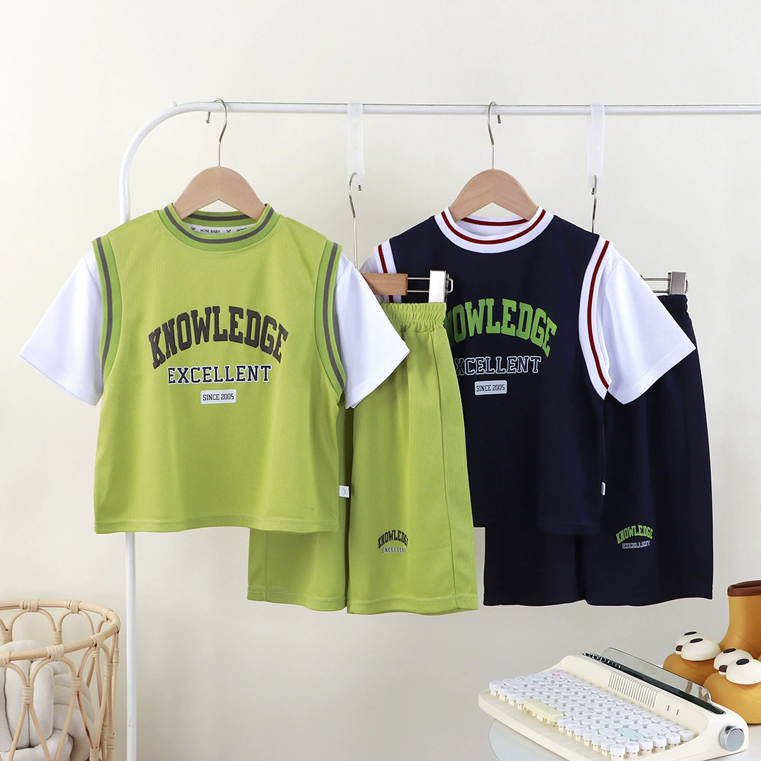 Children's uniform, quick dry breathable set, summer short sleeve T-shirt with letters, travel trousers, sports suit for boys