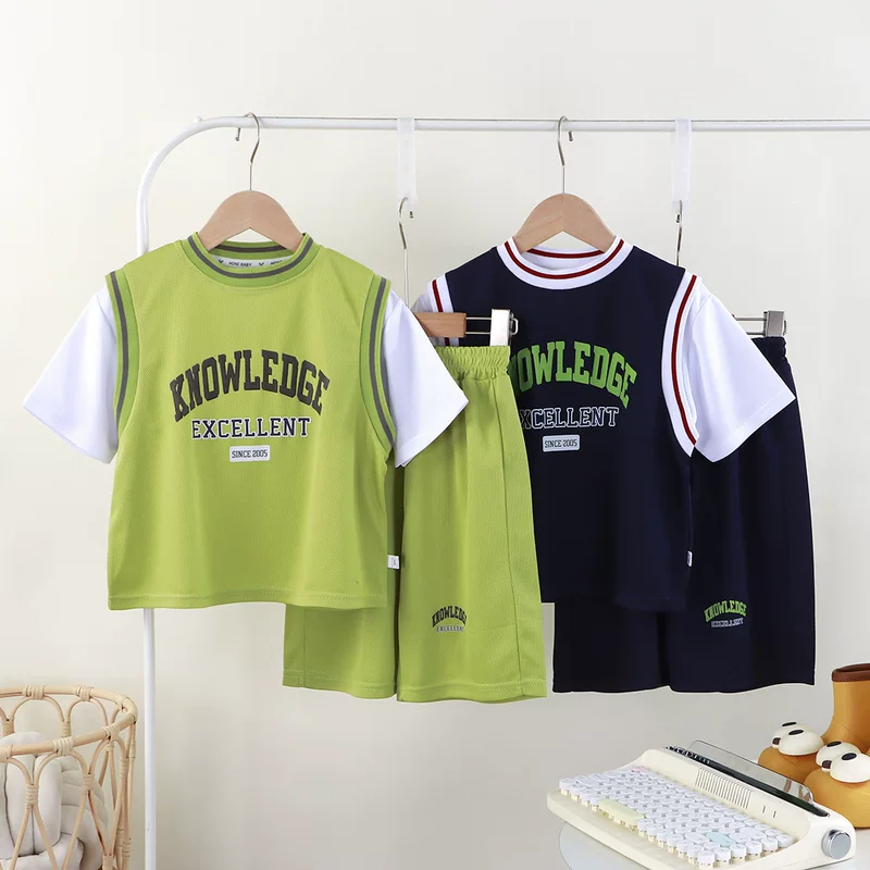 Children's uniform, quick dry breathable set, summer short sleeve T-shirt with letters, travel trousers, sports suit for boys
