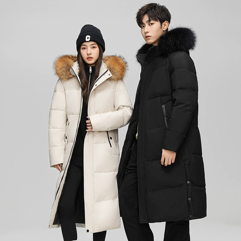 Зимняя прямая трансляция взрывного наружного оснастки трансграничный длинный пуховик для мужчин и женщин