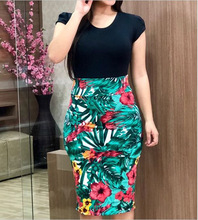 跨境2020秋季亚马逊wish欧美热卖休闲拼色花朵包臀连衣裙大码女