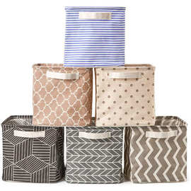 可折叠迷你丝印亚麻布印花收纳篮 桌面 抽屉布艺收纳盒  6件套