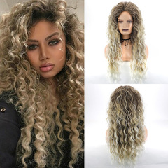 かつらwigs欧米のファッション女性の長いカールのふわふわしている水の波紋のカールの化学繊維のかつらのカバーのメーカーの卸売り