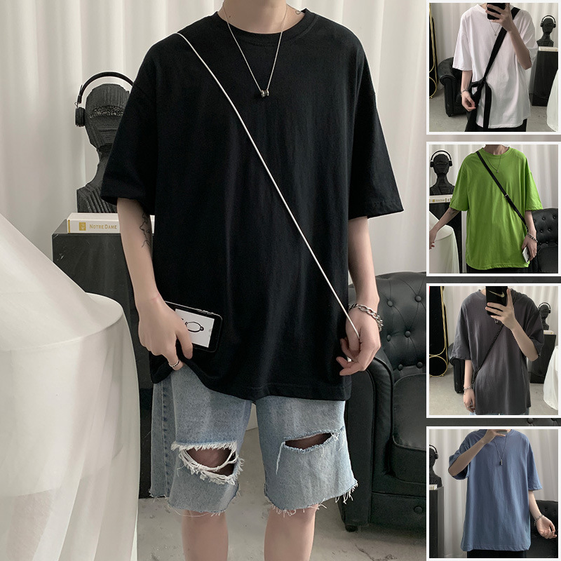 Harajuku Bf Style Loose Short-Sleeved T-Shirt for Men, Round Neck Half-Sleeved T-Shirt, Summer Trbottomyy Pure Color Basic Bottoming Shirt for Men