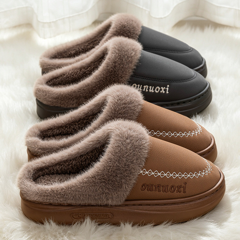 Leather waterproof cotton slippers for women, 2026 new autumn and winter model, suitable for outdoor and home use, thickened and fleece-lined for warmth, non-slip, also available for men Leather waterproof cotton slippers for women, 2026 new autumn and winter model, suitable for outdoor and home use, thickened and fleece-lined for warmth, non-slip, also available for men
