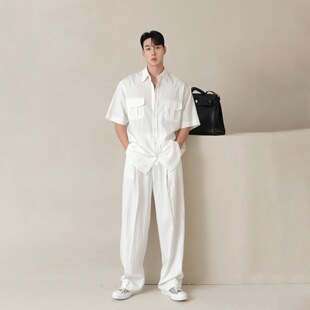 White thin summer shirt, casual trousers, set, sun protection, with short sleeve, loose straight fit