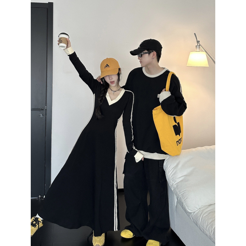 가을 2024 커플 원피스 봄과 가을 프랑스 간단한 긴 소매 원피스 허리 우아한 긴 원피스