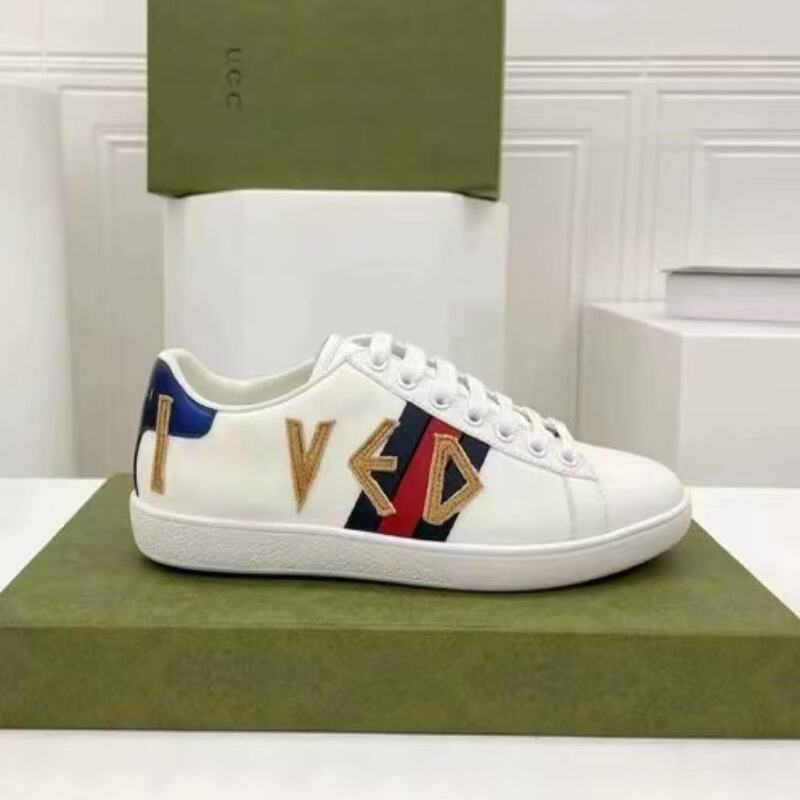 High-Quality g Brand Little Bee White Shoes for Women, Spring and Autumn Classic Versatile Genuine Leather Embroidered Couple Sports Casual Shoes for Men