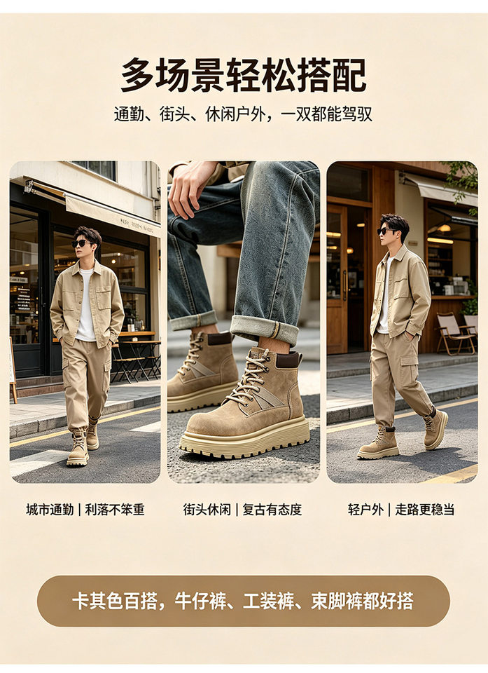 Giày bốt Martin nam da lộn đế dày tăng chiều cao, đế mềm chống trượt, cổ trung, gót 3–5 cm — 76929 kaki chi tiết 4
