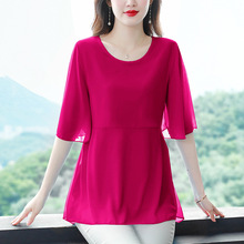 中长款雪纺衫遮肚子女短袖夏季新款大码宽松收腰小衫妈妈裙摆上衣