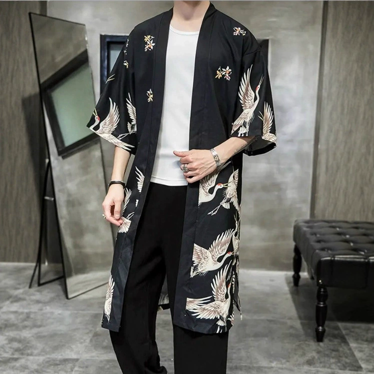 Кимоно-кардиган хаори в японском стиле, весенне-летний кран, цифровая печать, тонкое пальто средней длины с разрезом, солнцезащитная куртка