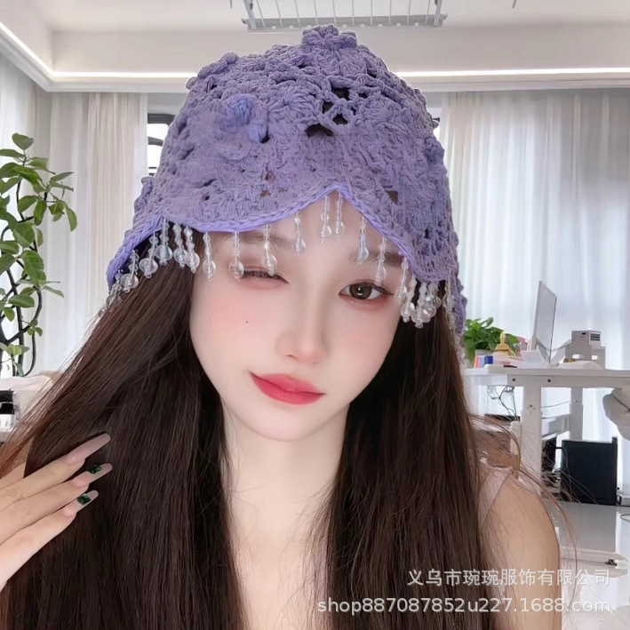 波西米亚风手工针织包头毛线帽女春秋季透气镂空显脸小流苏套头帽|undefined