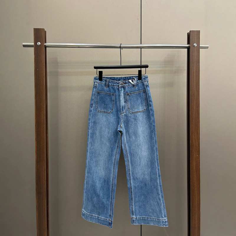 [in Stock] Vintage Washed Blue Nine-Point Wide-Leg High-Waisted Slimming Straight-Leg Jeans with Front Pockets