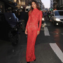 欧美女装2024夏季新款热销性感镂空蕾丝花纹透视修身长款连衣裙女