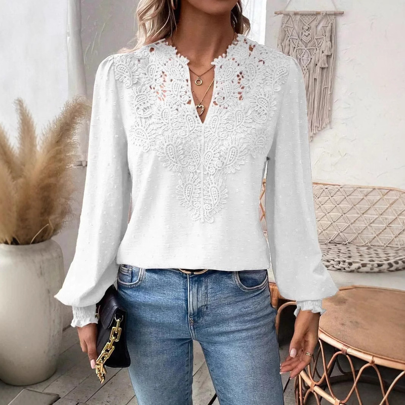 2024 Europe and the United States Amazon cross-border autumn and winter new fashion V-neck lace solid color long sleeve casual T women's top