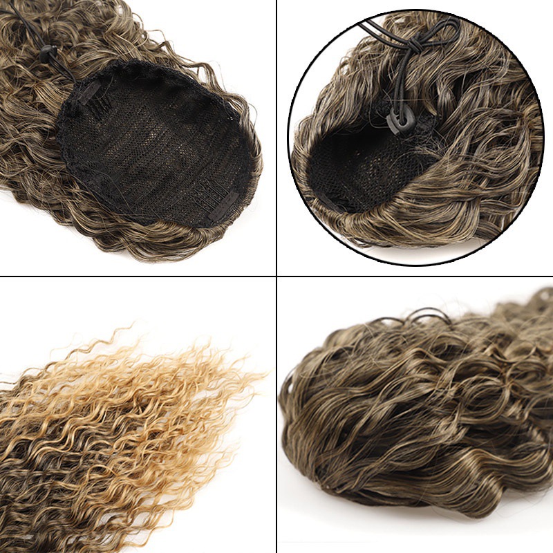 Parrucca da donna con capelli sintetici, tasca in rete, corda da tirare, ricci profondi, faccia a bolle, treccia di coda di cavallo arricciata_voghion.com