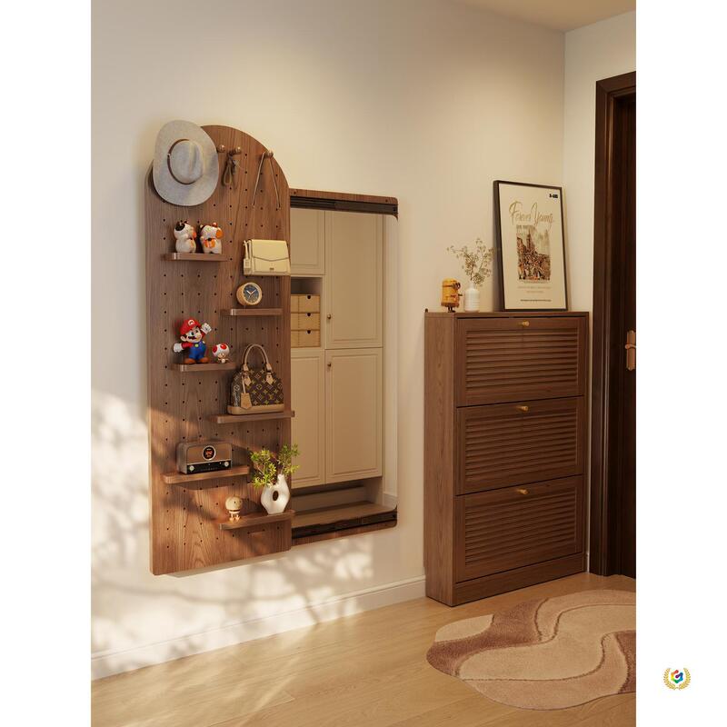 Pegboard Dressing Mirror Integrated into the Entranceway, Sliding Hidden Full-Length Mirror for Girls' Bedroom, Made of Solid Wood and Can Be Closed