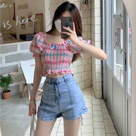抽绳牛仔短裤女夏季韩版高腰紧身弹力a字阔腿辣妹热裤子高街ins潮