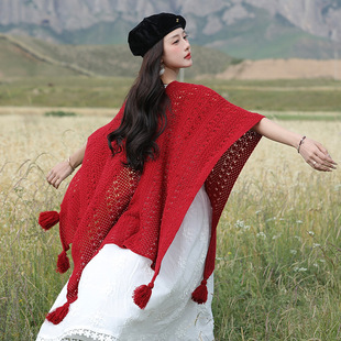Retro casual comfortable tassel cloak hollow breathable fashion all-match travel shawl photography travel cloak