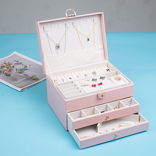 Large Capacity Three-Layer New Diamond Pattern Necklace Earring Lockable Luxury Jewelry Drawer Storage Box