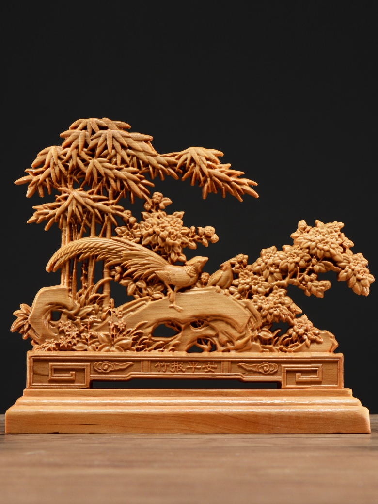 太行崖柏竹报平安摆件实木雕刻工艺品根雕玄关送礼商务礼品