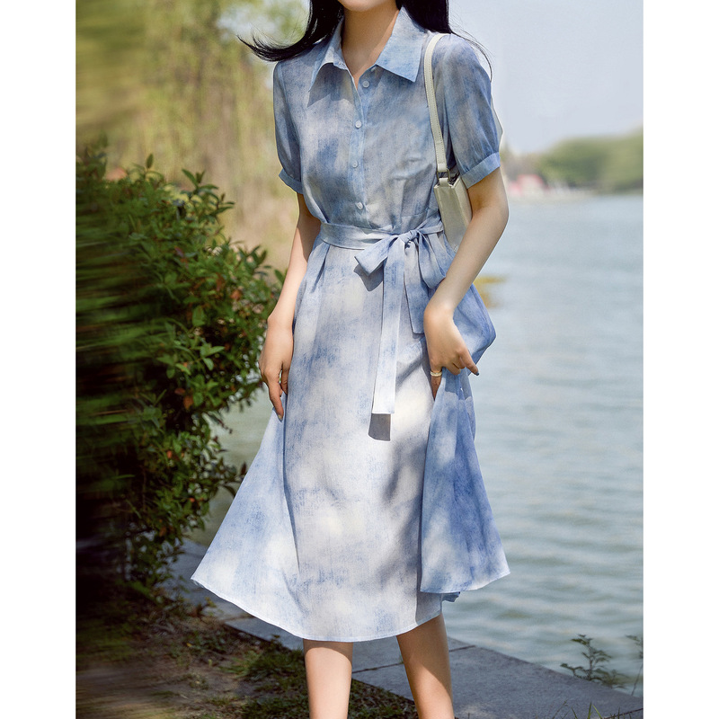 High-End Heavy Silk Shirt Dress, French Tie-Dye Blue Silk Dress, 2026 Women's Summer Fashion