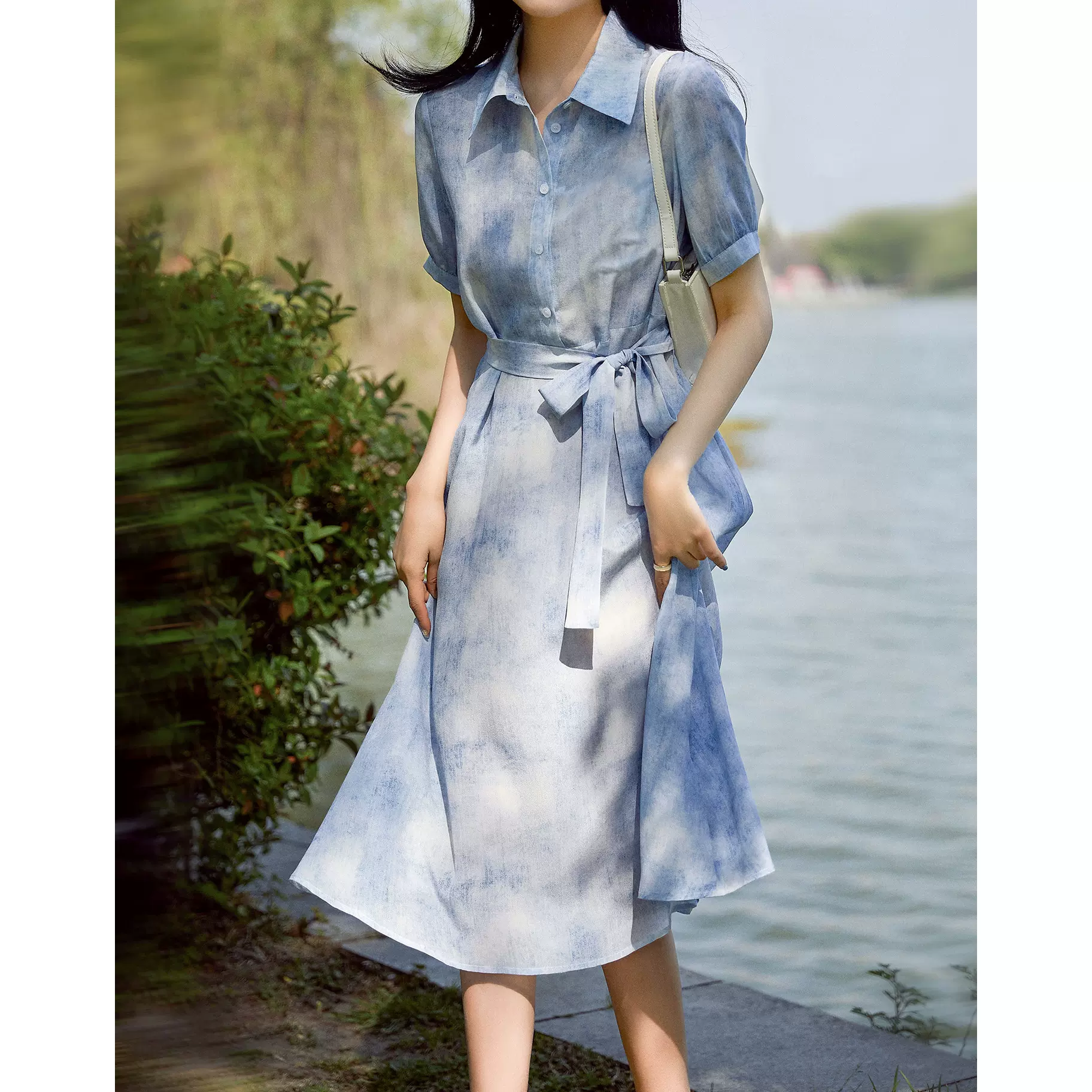 高端重磅桑蚕丝衬衫长裙子 法式扎染蓝色真丝连衣裙 2025女装夏季