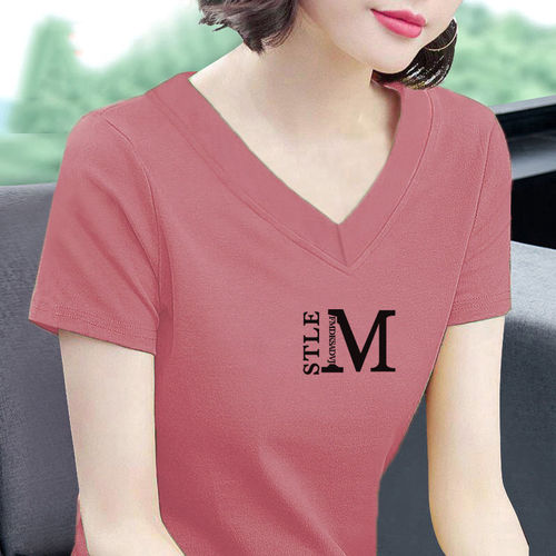 Wholesale Mom White T-Shirt for Women Short Sleeve Loose V-Neck 2025 Summer Top with Chicken Collar Thin T-Shirt