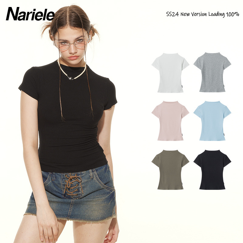 HeyHenry Niche Navel 노출 디자인 슬림 핏 티셔츠 여성용 섹시한 라운드 넥 솔리드 컬러 슬림 핏 탑 반팔 스파이스 걸스