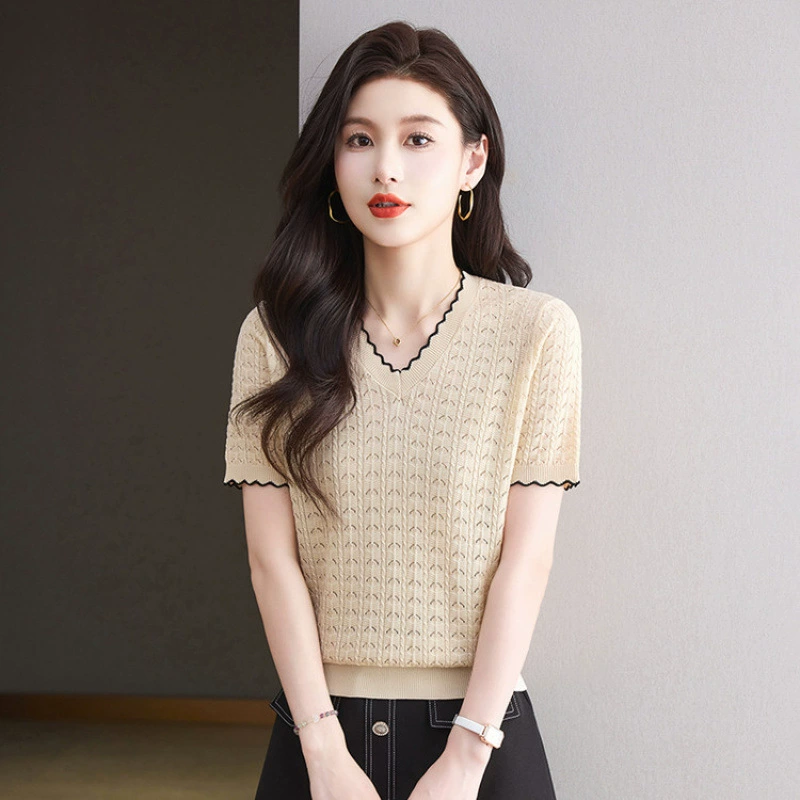 Трикотажная рубашка с короткими рукавами из лиоцелла Tencel для женщин, лето 2025, новая модная универсальная тонкая удобная рубашка-топ