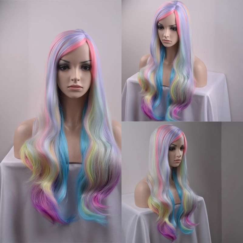 Girls' Medium-Parted Wig, Long Curly Hair, Fluffy Big Waves, Face-Shaping High-Temperature Silk Wig, Colorfulful Seven-Colorful Wig