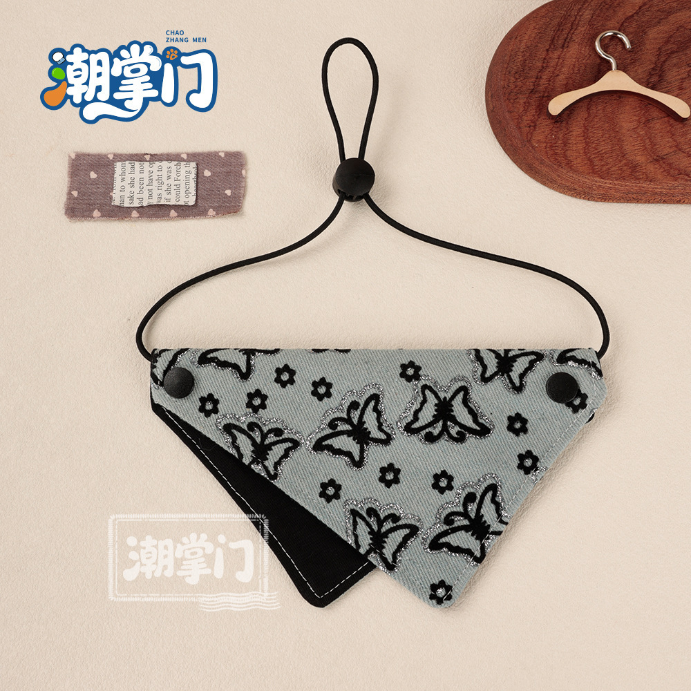 89 gray bow printed triangle scarf / S size: suitable for neck circumference 17cm-27cm