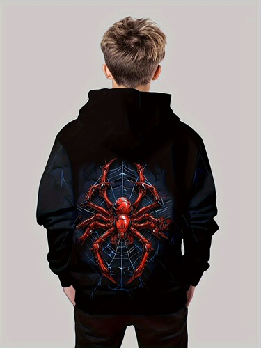 Boys' Fashion Spider 3D Print Casual Hooded Sweatshirt for Spring and Autumn, Boys' Outdoor Hooded Sweatshirt