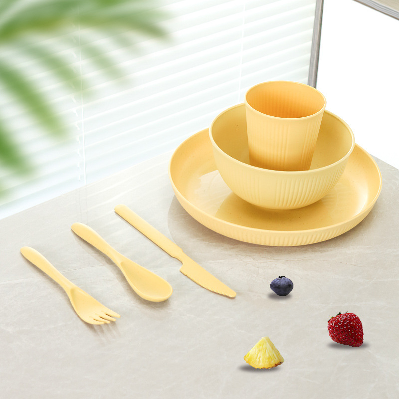 24-piece familia vajilla traje de paja de trigo rayado plato taza tazón de arroz restaurante plato tazón de fideos taza de agua image 12