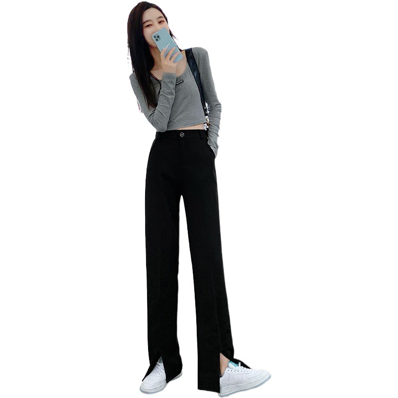 Pantalones anchos abiertos pantalones rectos negros para mujer 2023 nueva versión delgada pantalones casuales de traje de primavera con micro-cuerno