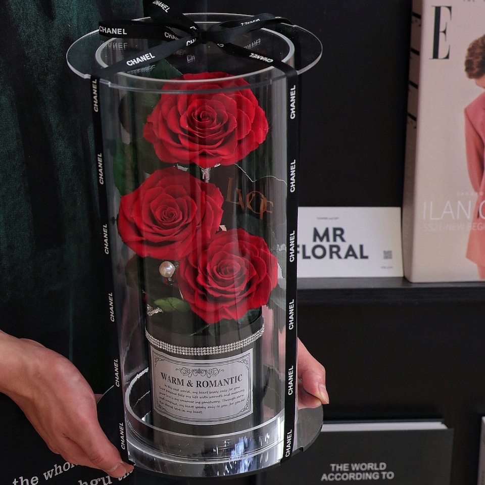 Caja de regalo de acrílico de rosa gigante para el día de San Valentín para la novia de alta calidad.