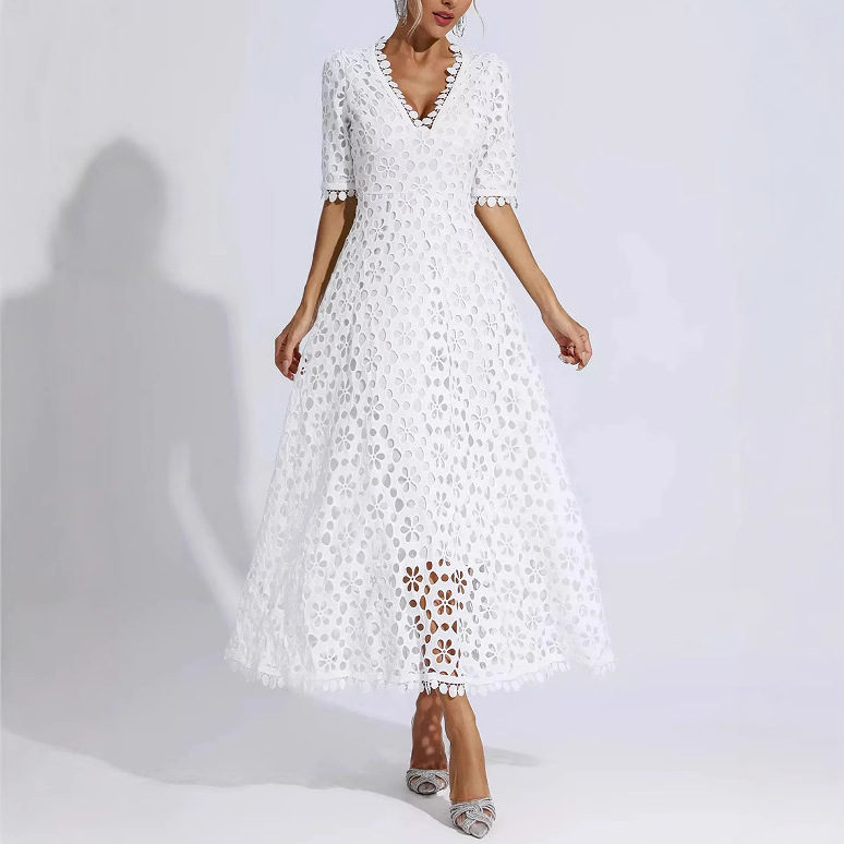 Women's Deep V Neck mid Length Lace Evening Dress Spring/Summer New Arrival European American Style Regular Size_ecoleips.com