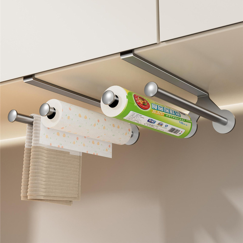 Cabinet Double-Rod Cling Film Holder Kitchen Paper Towel Holder Punch-Free Roll Paper Clip-Type Storage Rack Rag Storage Rack