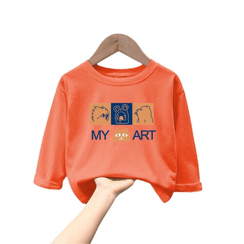 H2168# Children's Long-Sleeve Pure Cotton Base Shirt Spring and Autumn Printed Stylish Casual T-shirt for Boys and Girls Casual Top Trendy