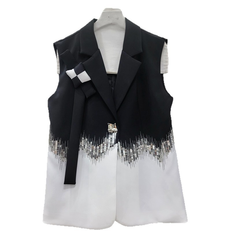 Diseño elegante traje de cuello sequinado bordilla suelta empalme de contraste de color clip de caballo para mujeres 2026 primavera y verano nuevo image 5