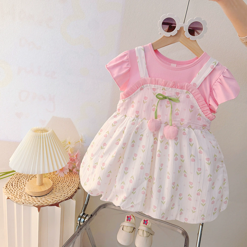 Летний комплект с рисунком из мультфильма, платье с коротким рукавом, детская одежда, цветочный принт, с коротким рукавом