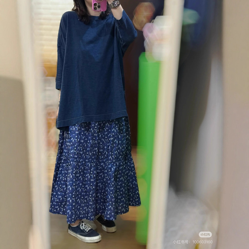 原工厂直供外贸服装麻蓝靛蓝版45R宽松7分袖T圆领套头男女同款T恤|undefined