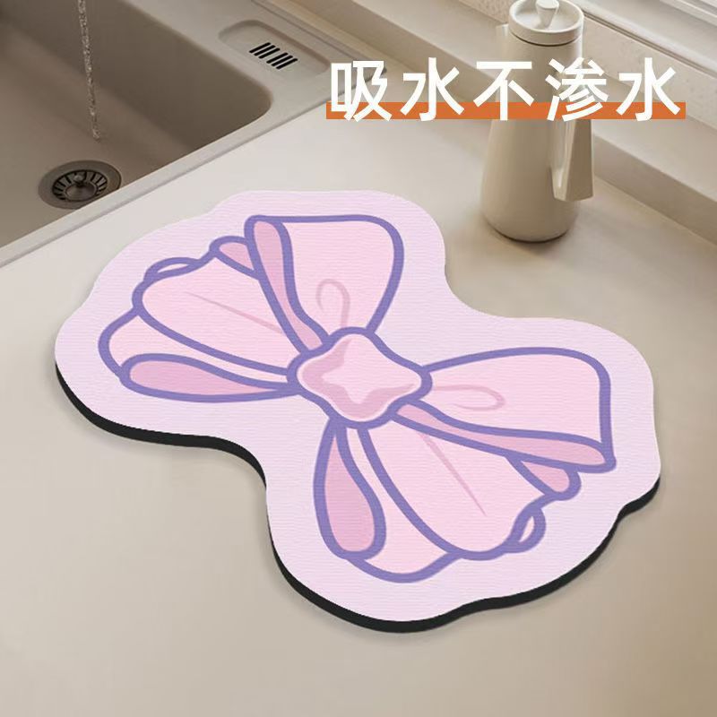 Cartoon Small Fresh Bow Diatom Mud Floor Mat Home Kitchen Non-Slip Heat Insulation Drain Mat Bathroom Quick-Drying Foot Mat