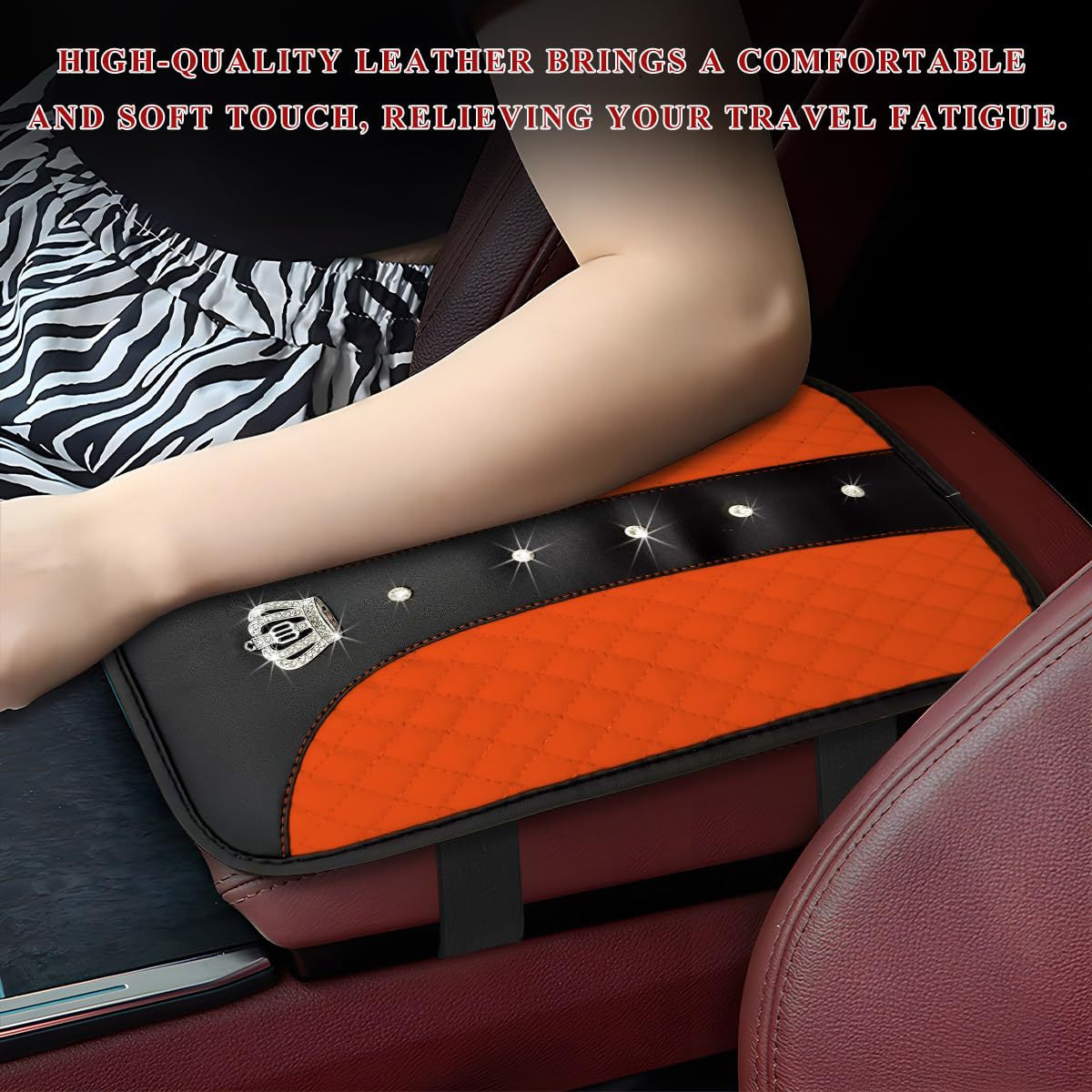 Car armrest box cushion, crown leather studded armrest box pad, armrest cover, three-dimensional quilted embroidery car interior accessory