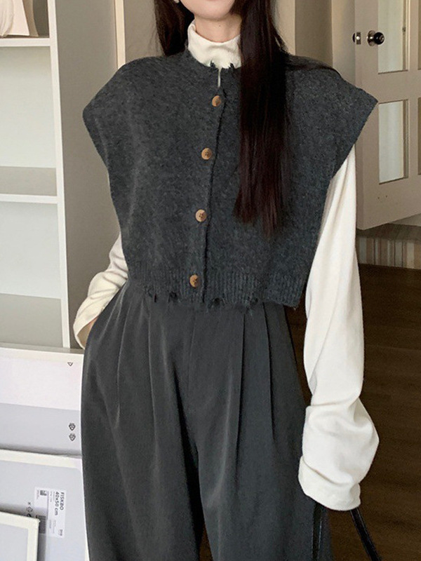 24 Dongpuyuan estilo coreano japonés y coreano casual chaleco de cachemira cardigan de cuello redondo convencional image 5