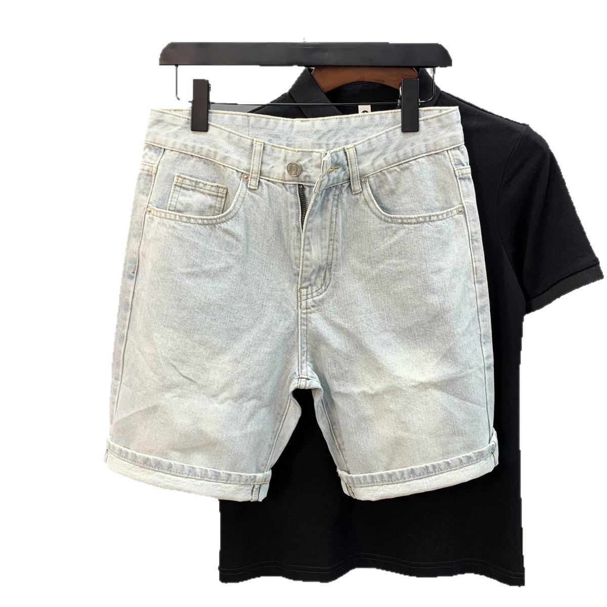 Hellblaue Stretch-Denim-Shorts für Herren, lässige Cargo-Shorts mit 5 Taschen, gewaschene Optik für den Sommer_voghion.com