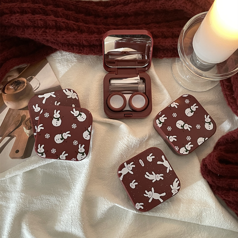 Ins Niche Design Wine Red Contact Lens Box Portable Contact Lens Box Care Box with Mirror Companion Box As807