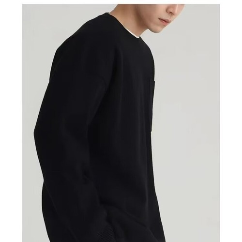 Japanese Retro Relaxed Knit Shirt T-Shirt for Men Spring Pocket Oversized Loose Plain Color Casual Crew Neck Sweatshirt